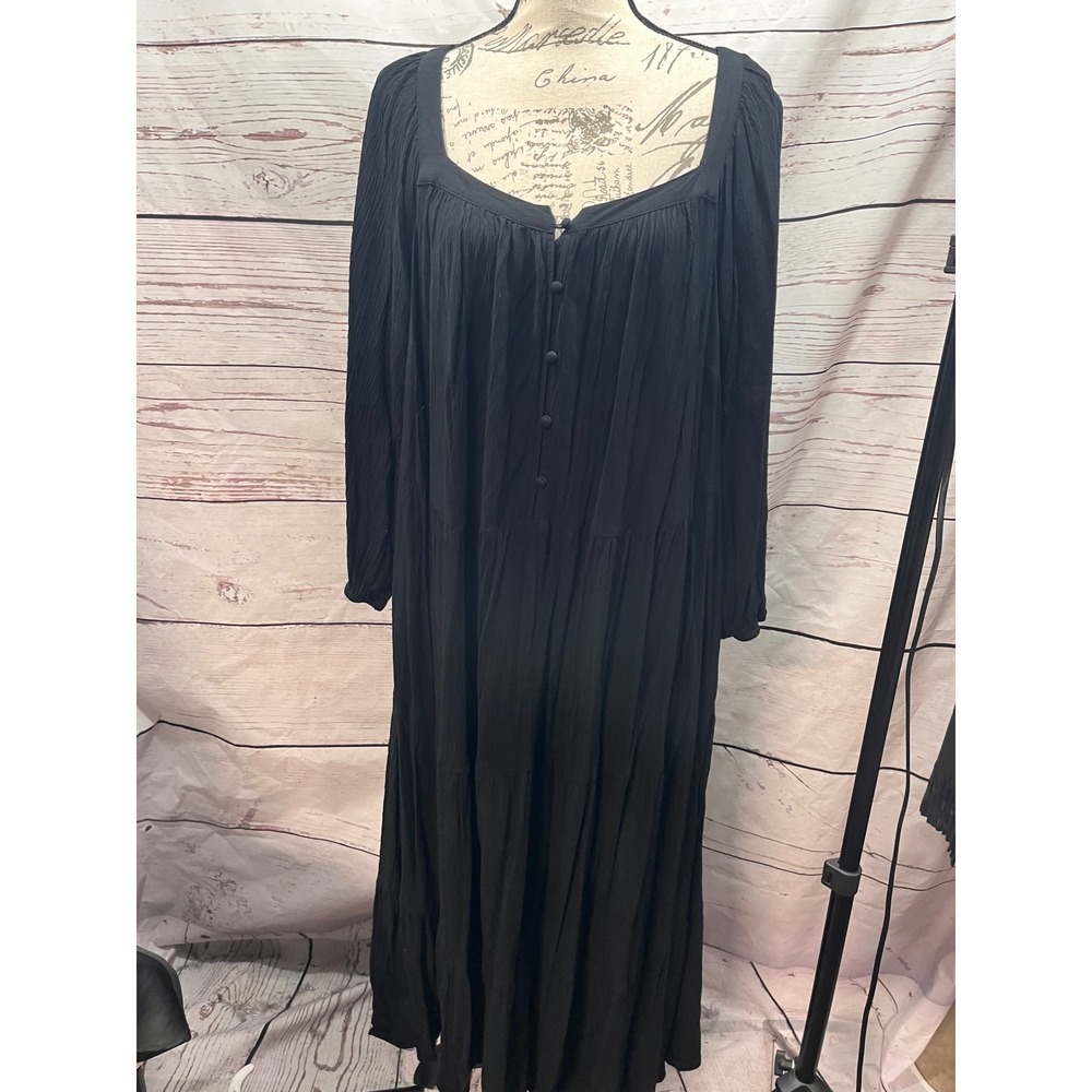 Old Navy Womens 3X Black Crinkle Gauze Tiered Boho Maxi Dress Long Sleeve